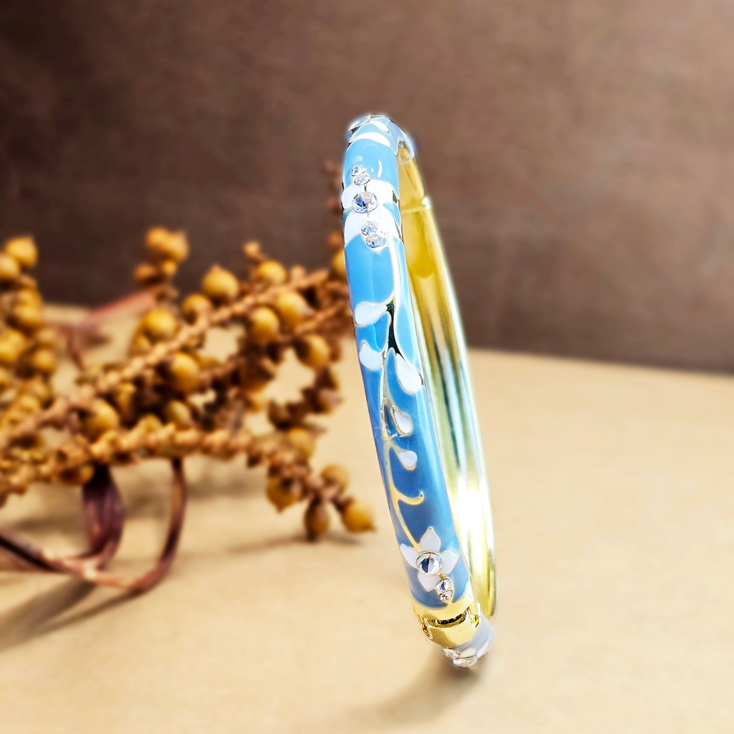 Fleur Enamel Bangle Teal – Gold Floral Bracelet