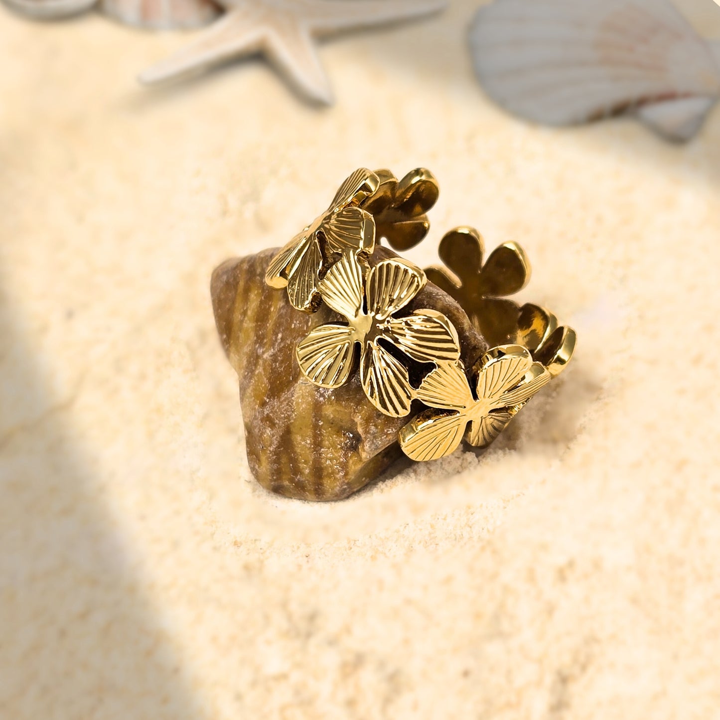gold floral statement ring adjustable anti tarnish