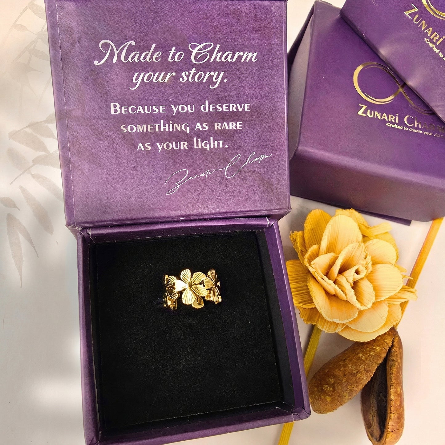 zunari charm floral ring premium packaging