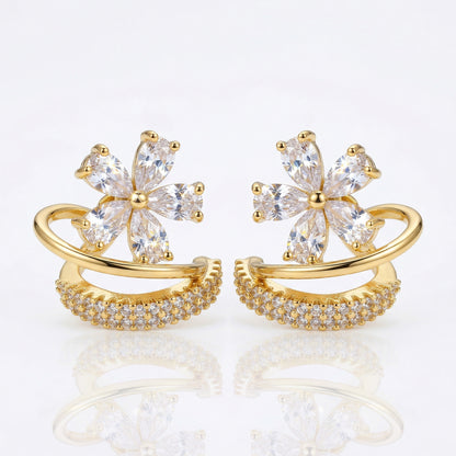 Gold floral zircon hoop earrings front view white background