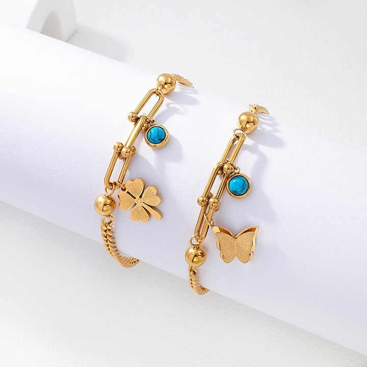 Close-up of crystal detailing on clover charm bracelet