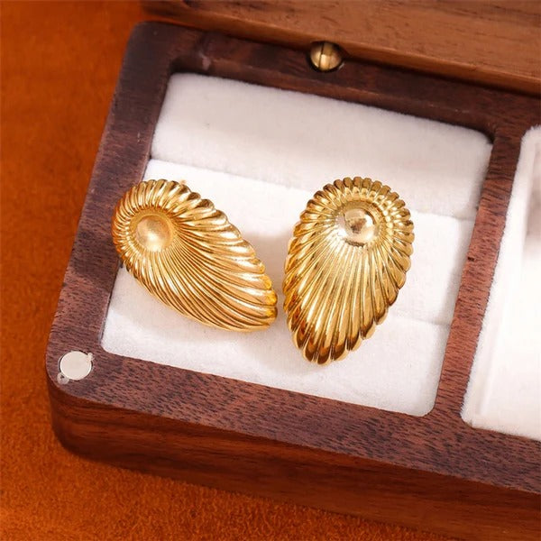 Golden shell earrings placed inside a vintage-style wooden jewelry box with velvet lining, emphasizing their premium presentation and design.