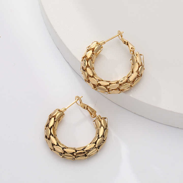 Front view of snake scale hoop earrings on display