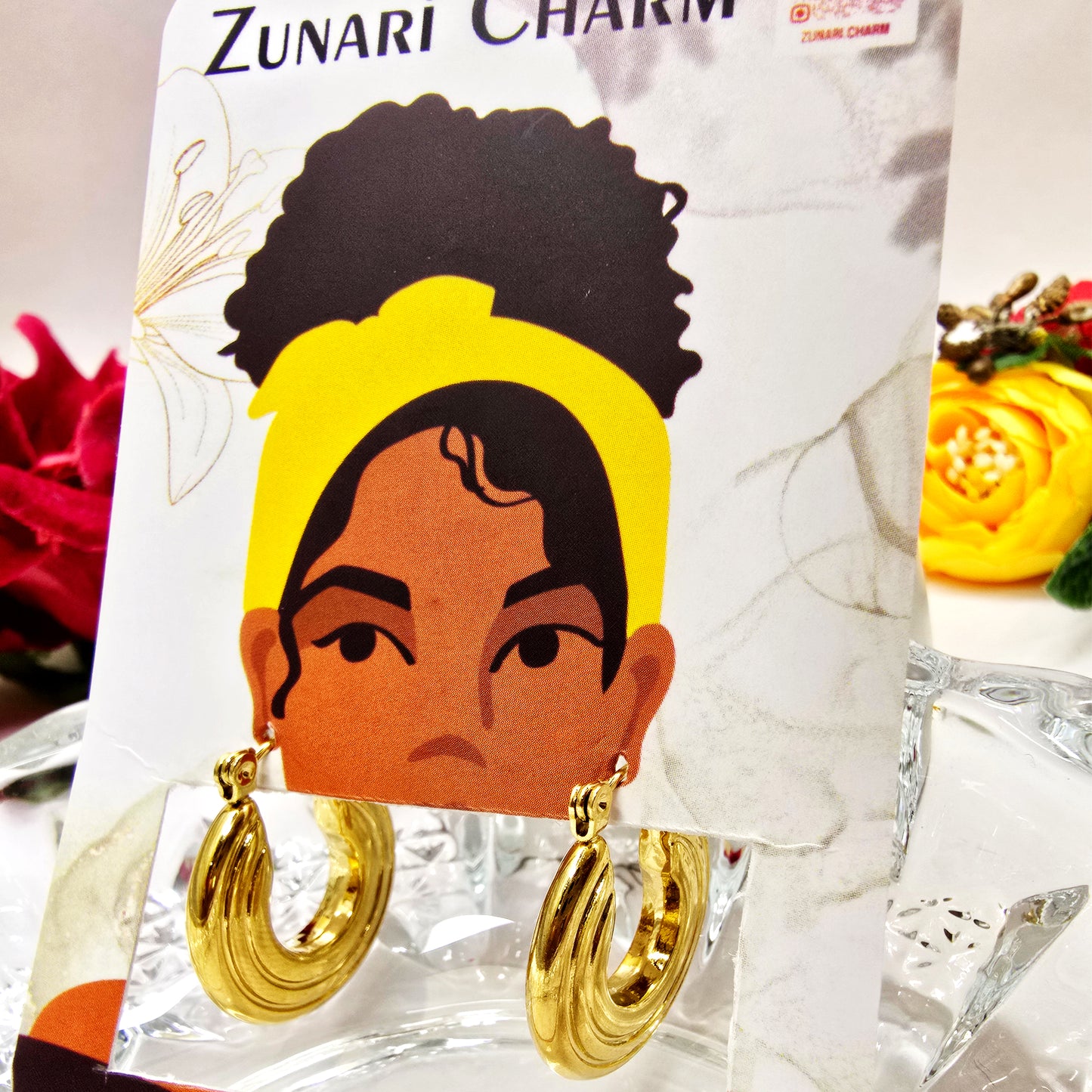 Groovy Earrings – gold textured hoop earrings on Zunari Charm display card