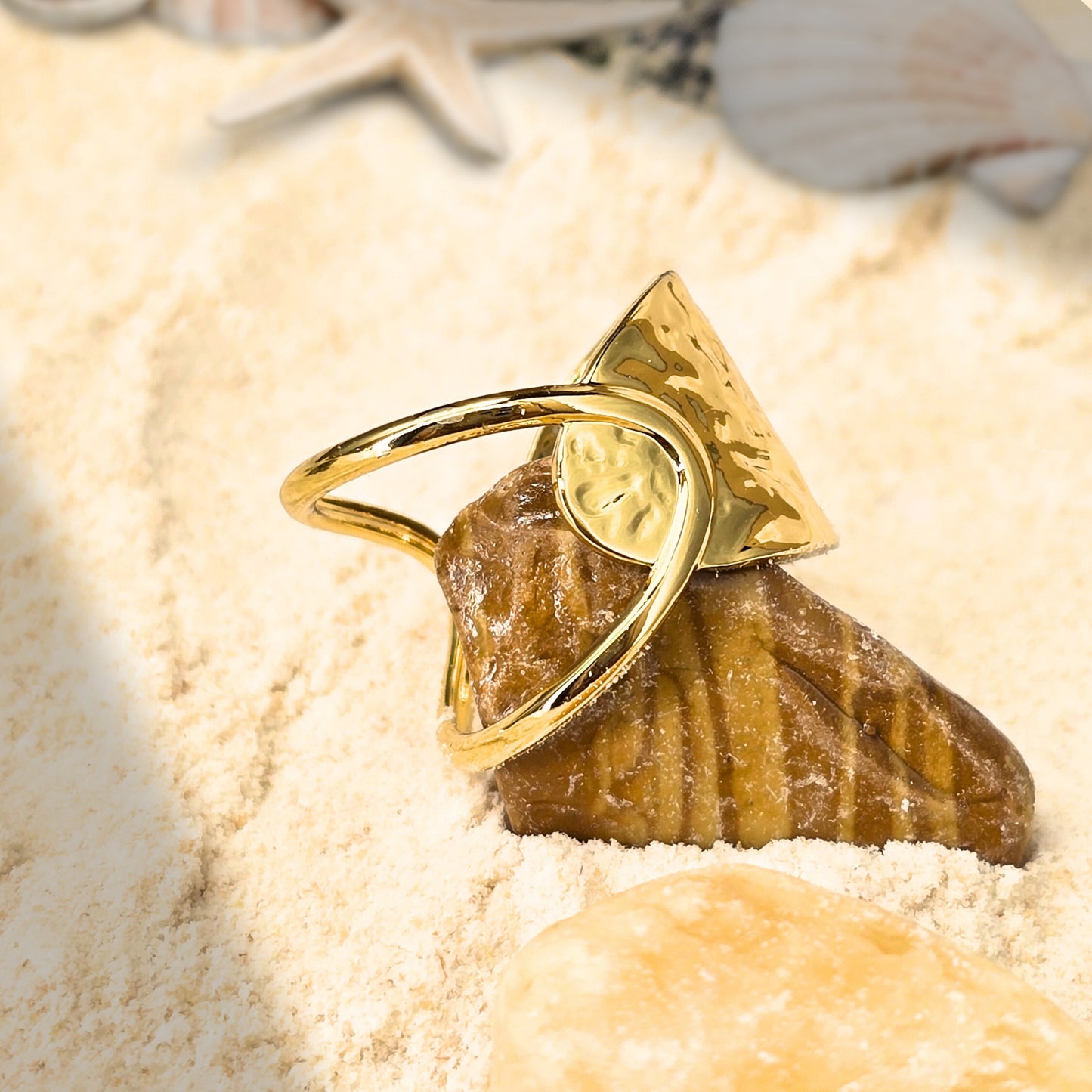 gold hammered sculptural ring adjustable anti tarnish