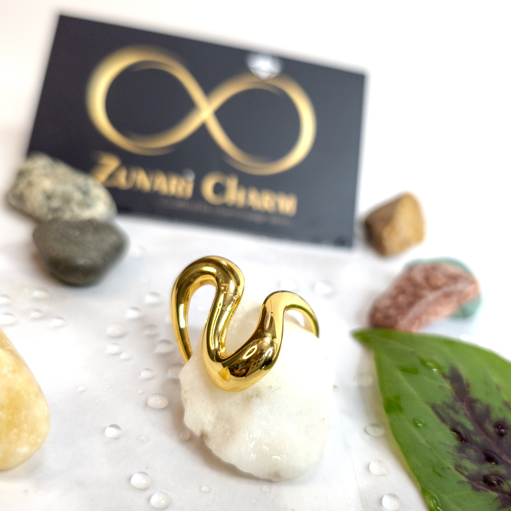 Artistic lifestyle shot of Zunari Charm Infinity Flow Ring placed on white stone with green leaf and water drops.