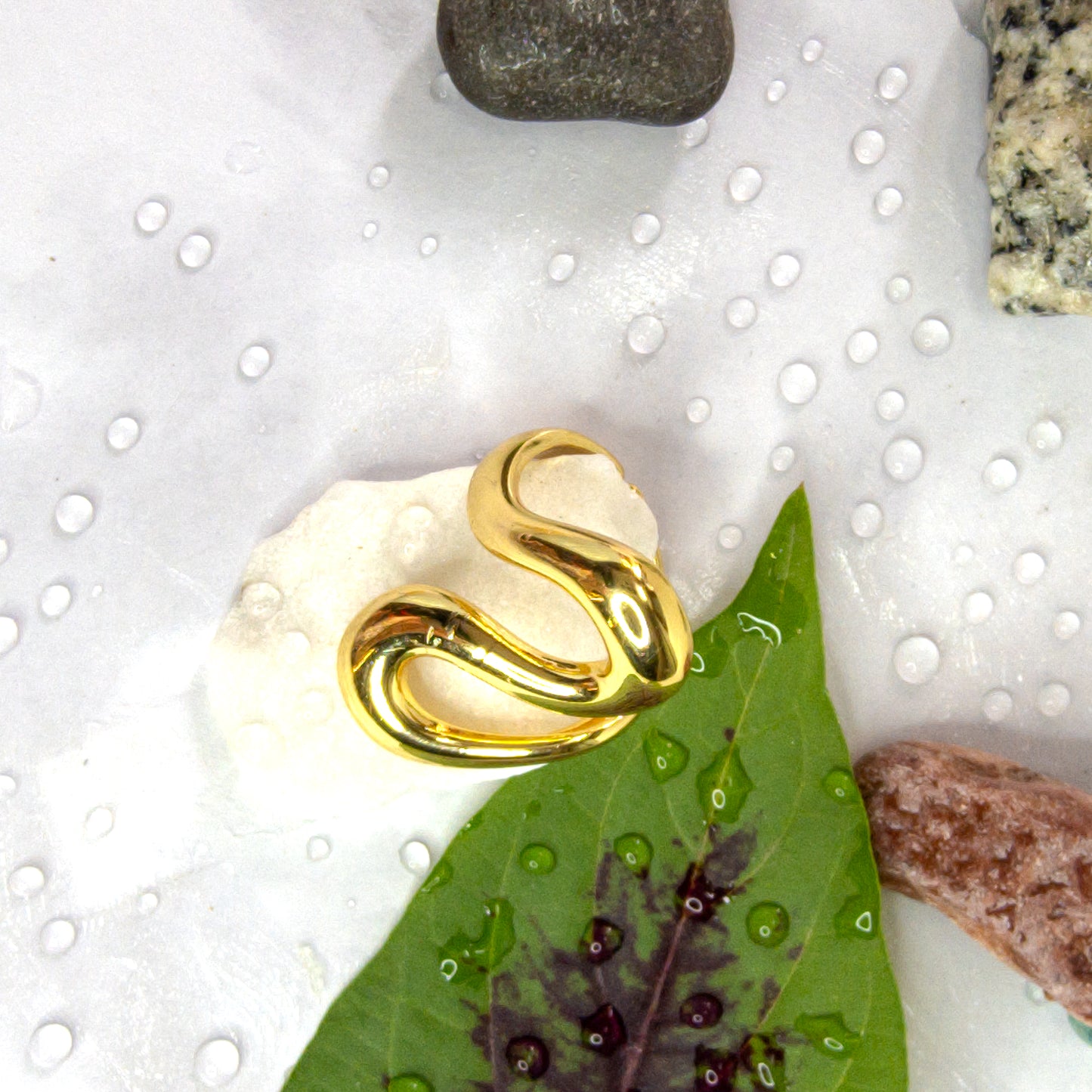 Top view of Zunari Charm Infinity Flow Ring in polished gold, styled on stone with decorative leaf and pebbles.