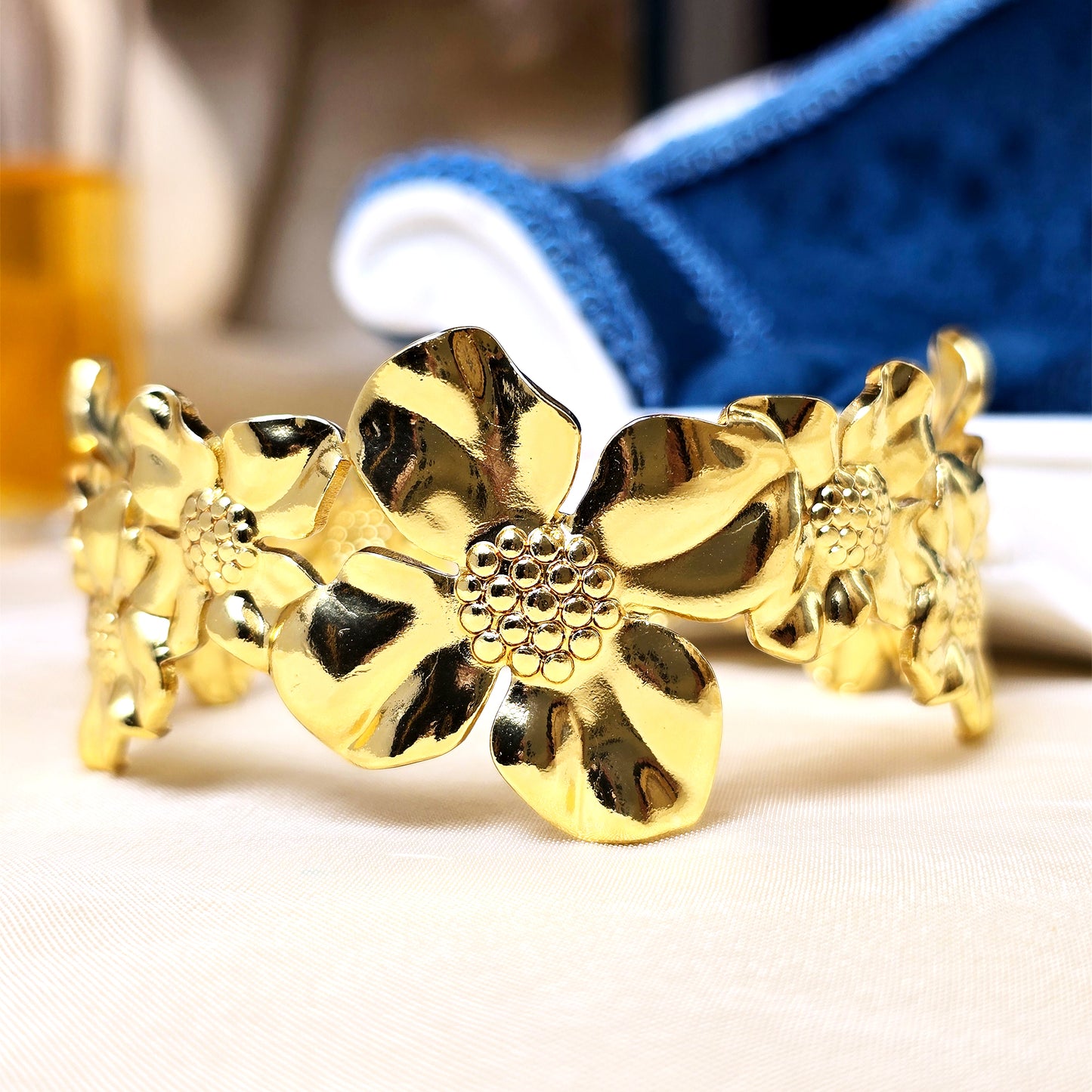 Gold flower bracelet open cuff luxury women accessory