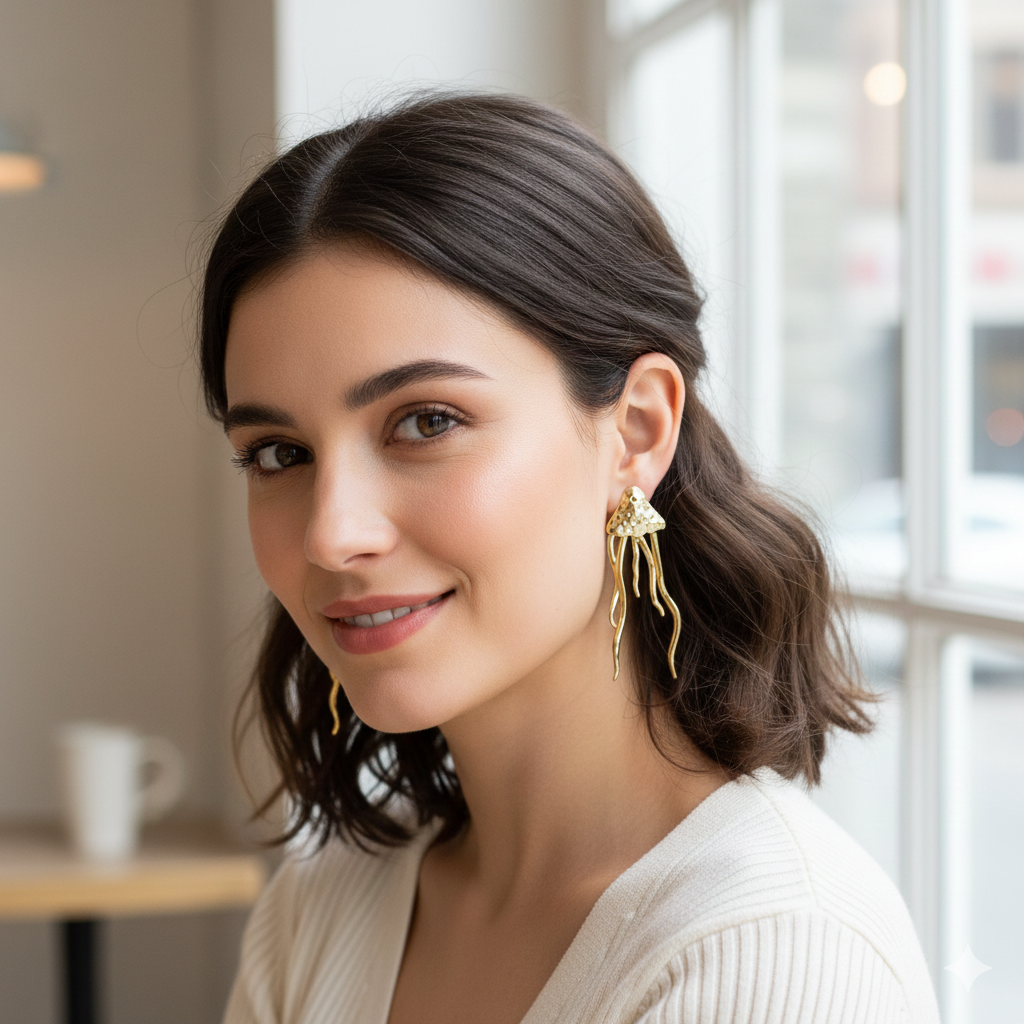 model wearing gold statement earrings modern chic style