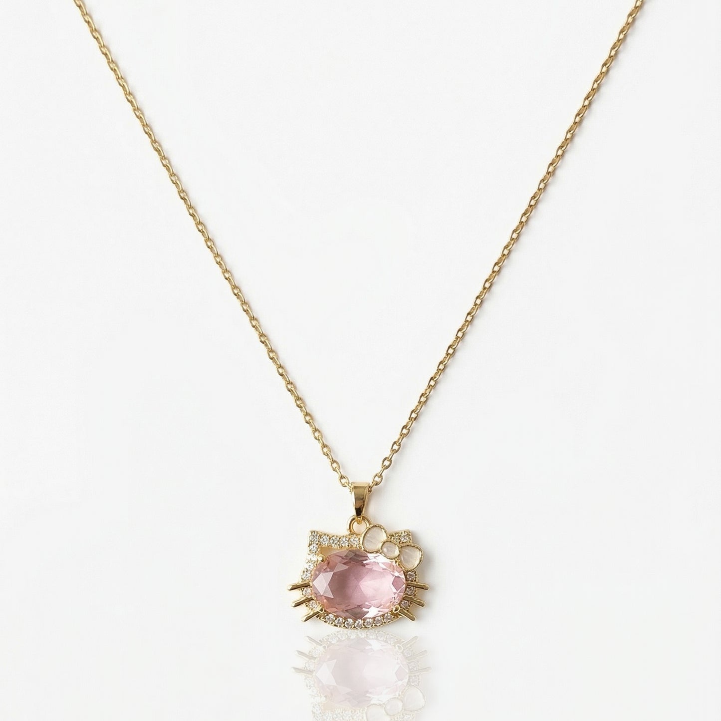 pink crystal kitty pendant necklace gold anti tarnish jewelry