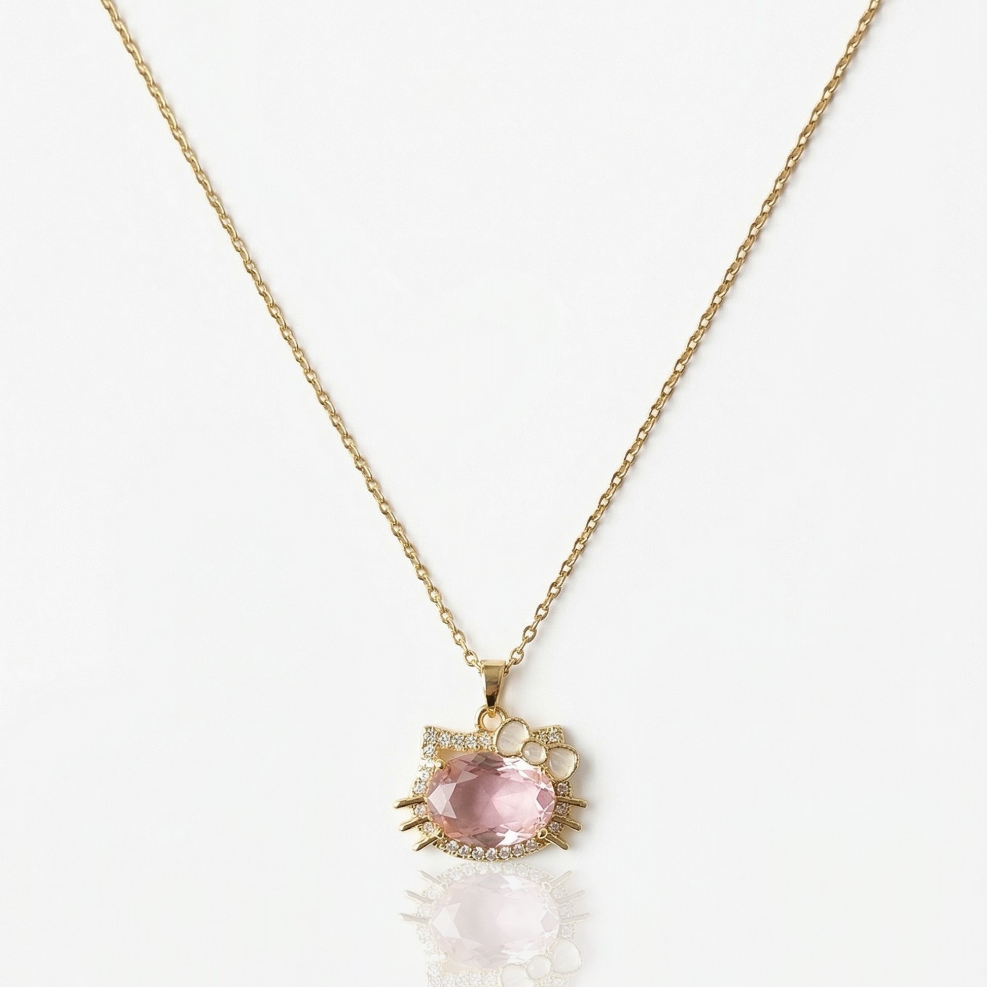 pink crystal kitty pendant necklace gold anti tarnish jewelry
