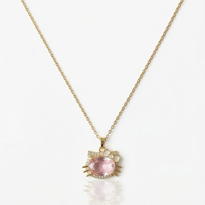 pink crystal kitty pendant necklace gold anti tarnish jewelry