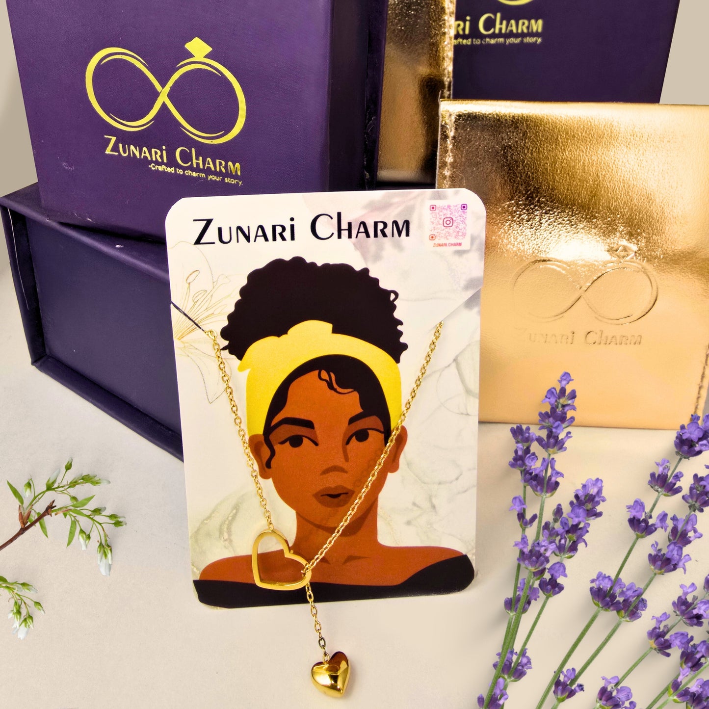 zunari charm heart necklace premium packaging