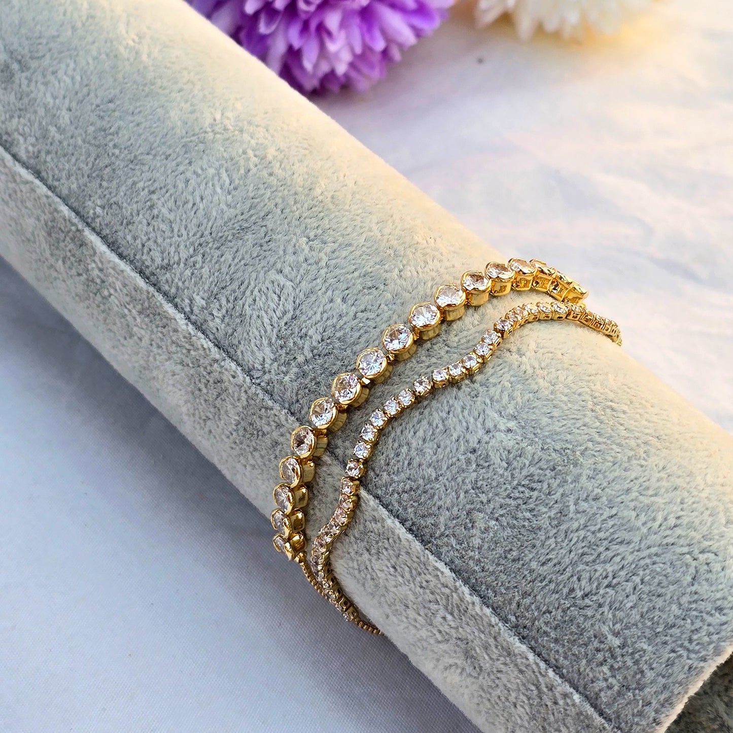 Side view of gold layered bracelet showing high-quality crystal setting and gold plating.