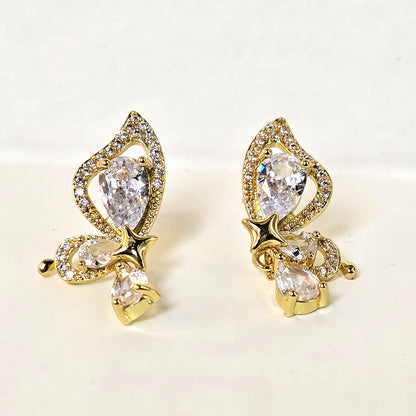 anti tarnish gold butterfly drop earrings crystal detailing close up