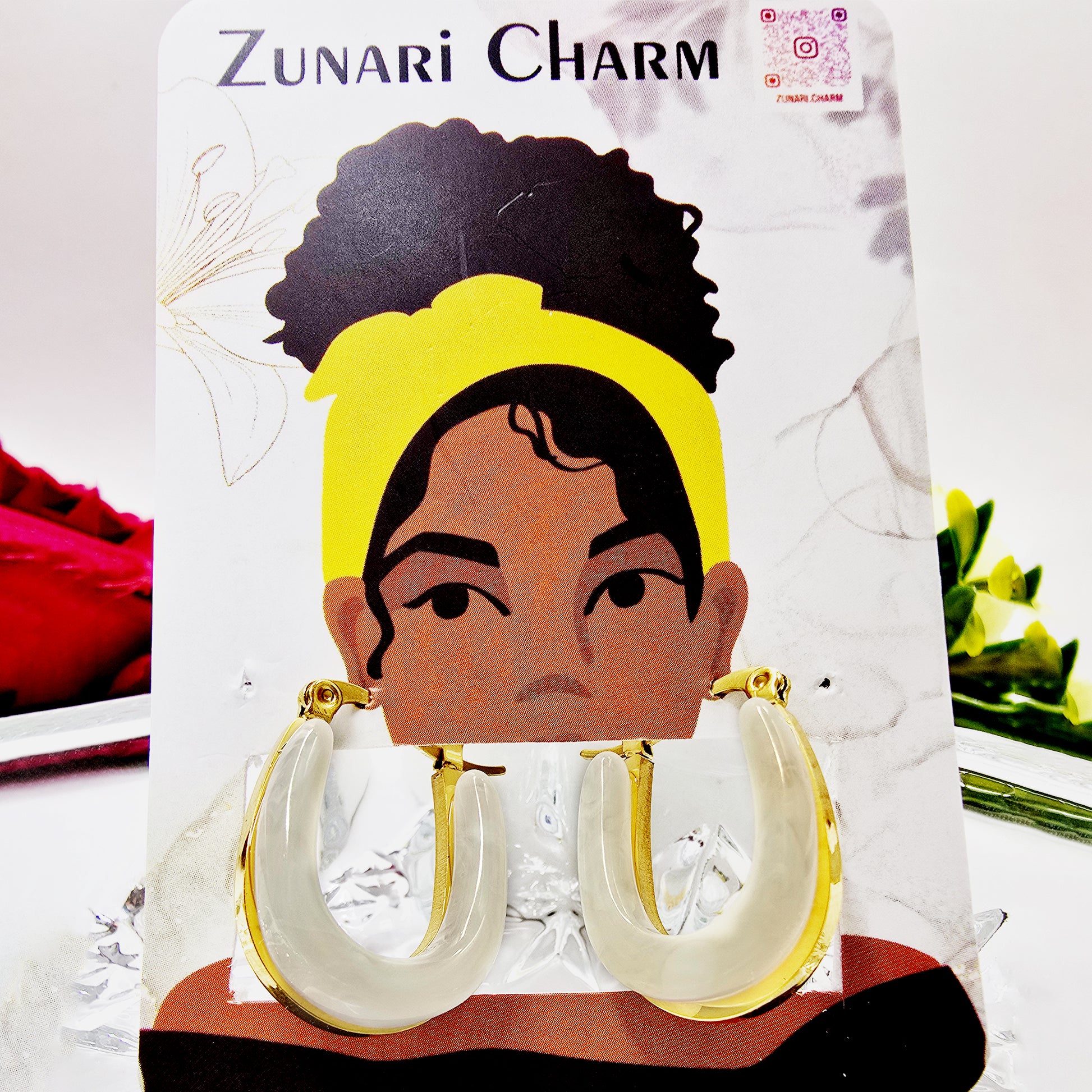 Moonlit Loop Earrings – model wearing ivory and gold chic hoop earrings