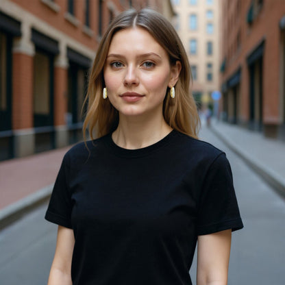 Woman wearing a Moonlit Eaarings on a city street