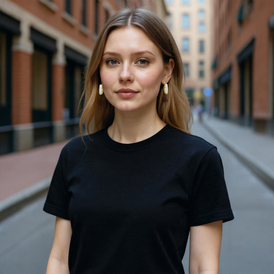 Woman wearing a Moonlit Eaarings on a city street