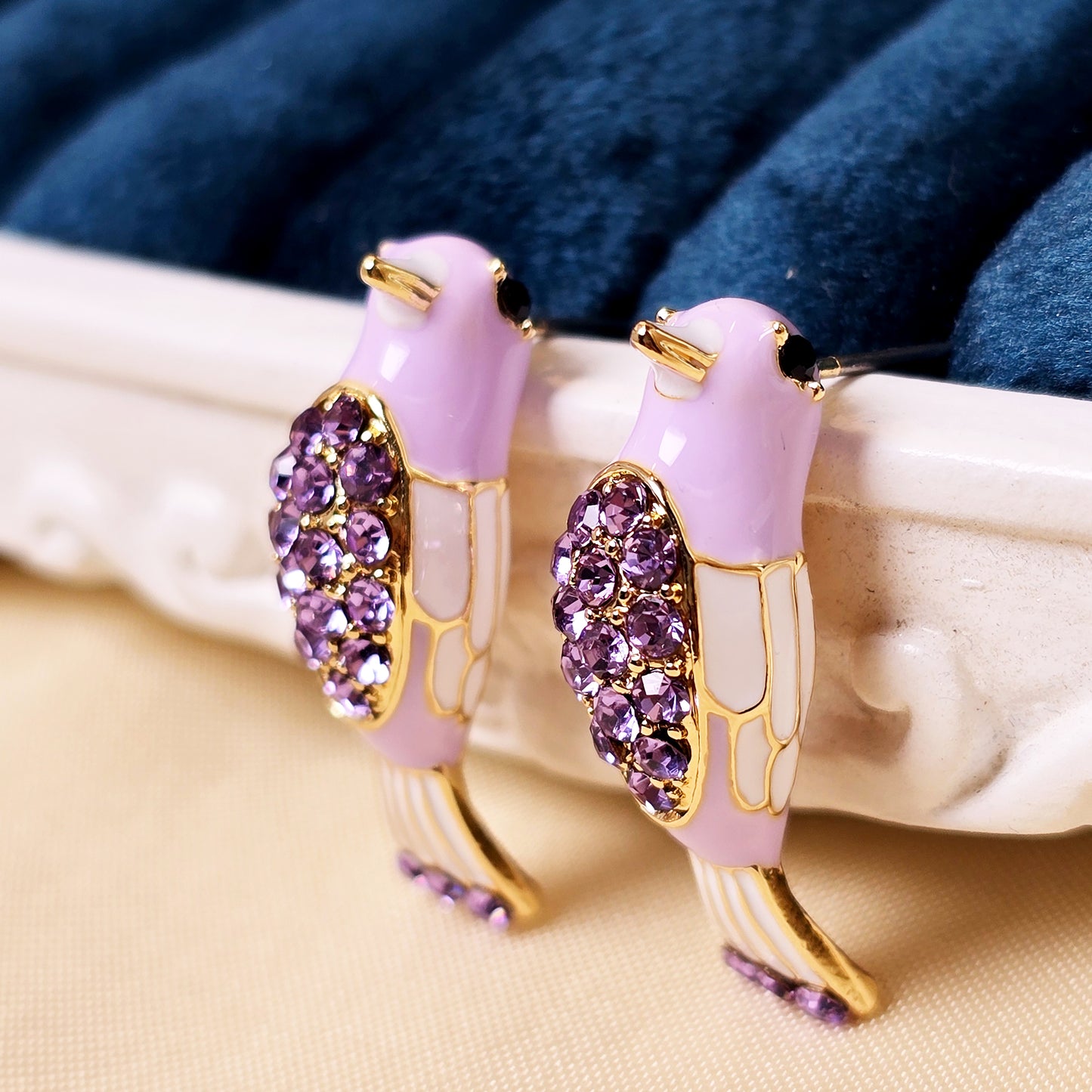 Morning Melody Bird Earrings – Blue Enamel Crystal Stud Earrings