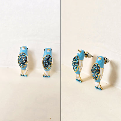 Blue bird enamel stud earrings front view white background