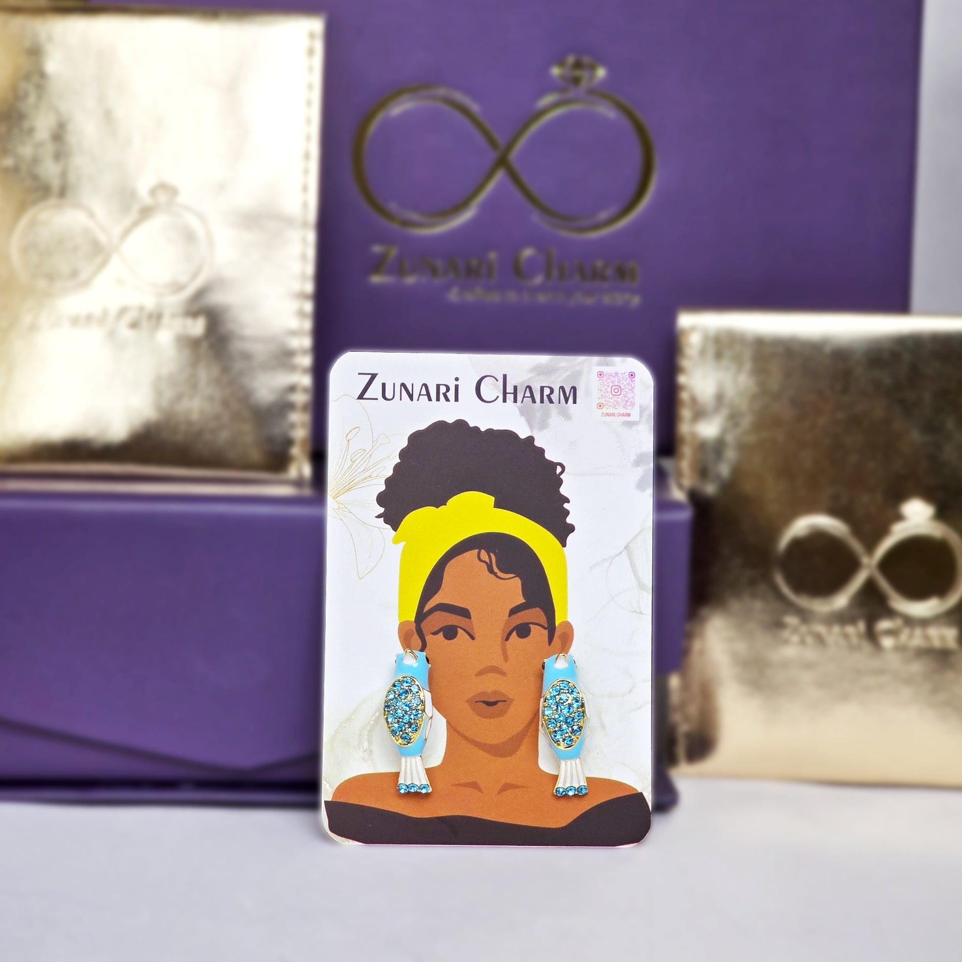 Zunari Charm packaging with bird earrings display card