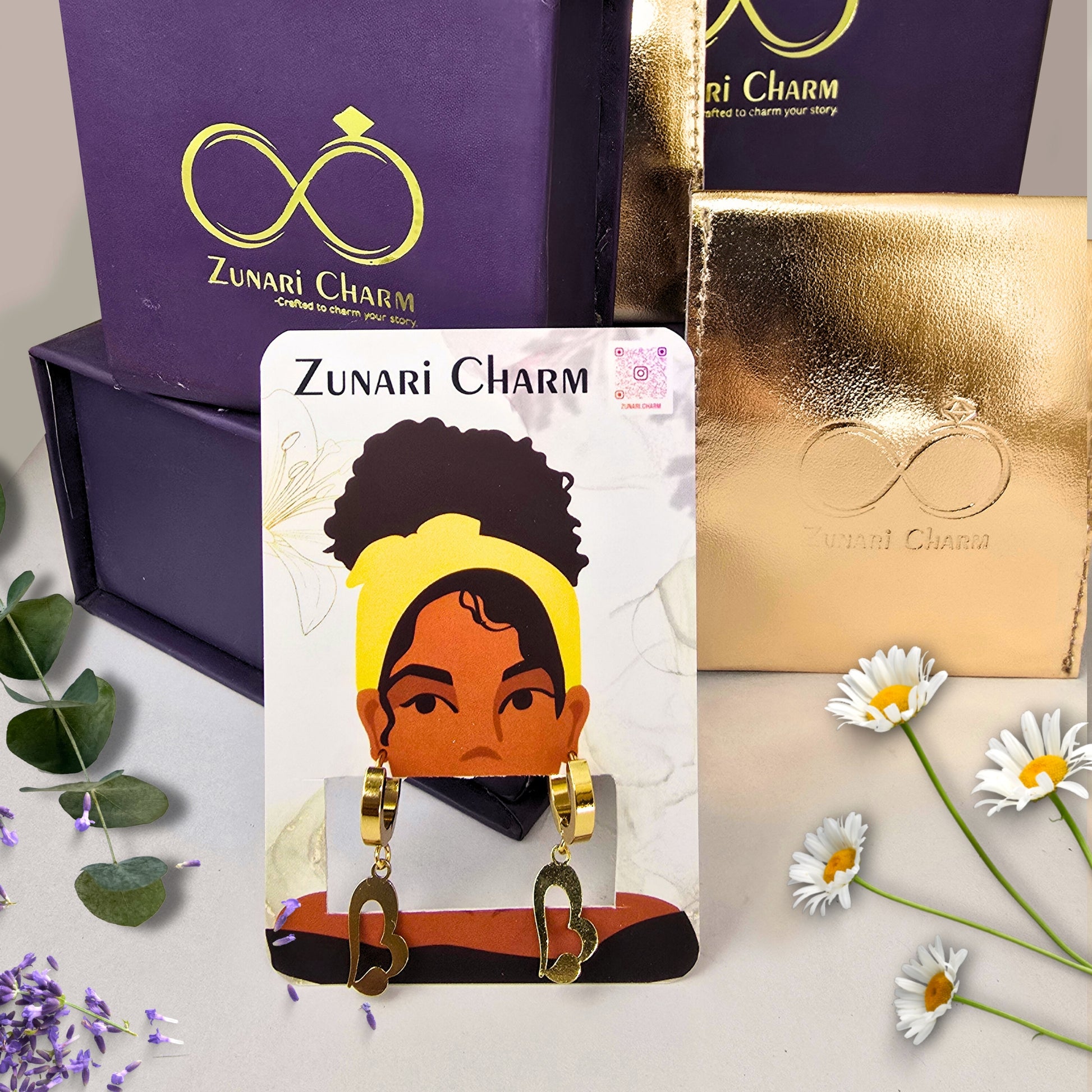zunari charm heart earrings premium packaging