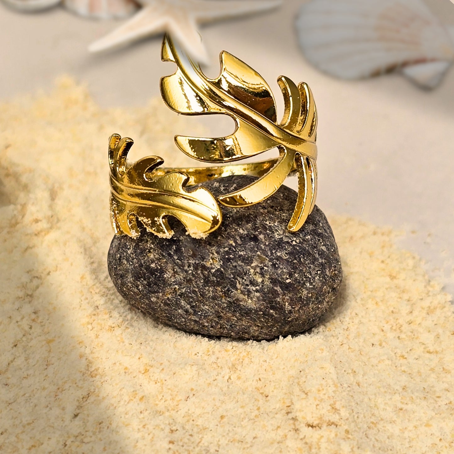 tropical leaf design gold ring for women beach style