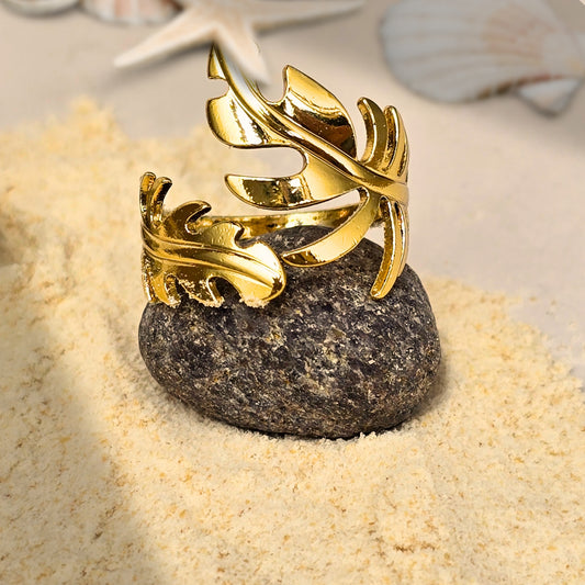 tropical leaf design gold ring for women beach style