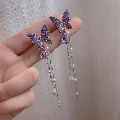 Purple butterfly earrings with pearl chain drops and lavender crystal accents - Zunari Charm