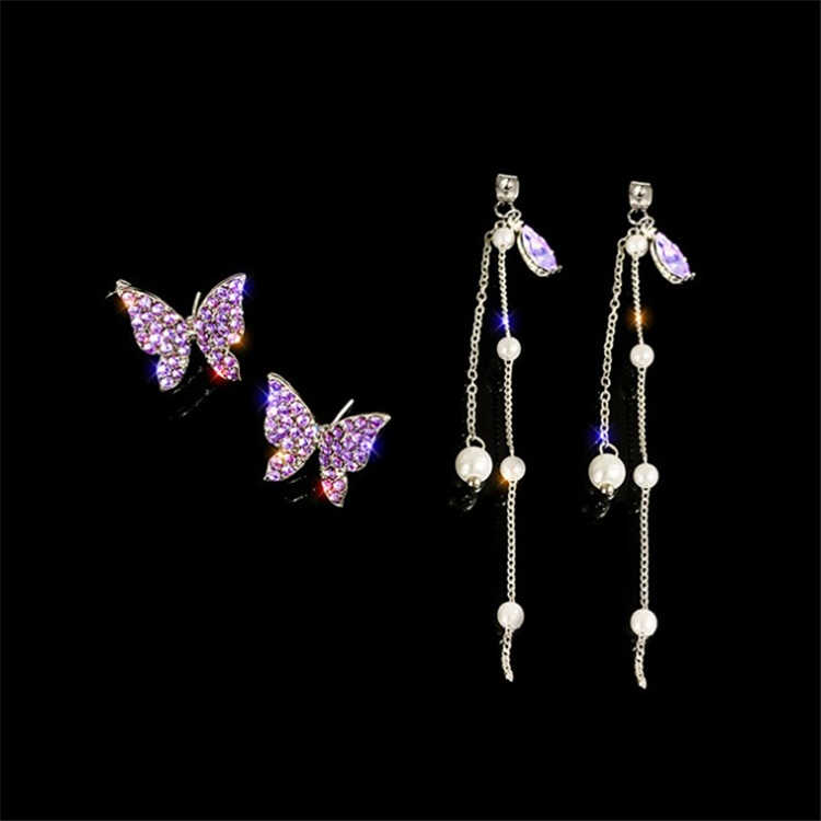 Purple butterfly earrings with pearl chain drops and lavender crystal accents - Zunari Charm