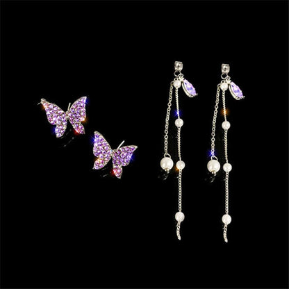 Purple butterfly earrings with pearl chain drops and lavender crystal accents - Zunari Charm