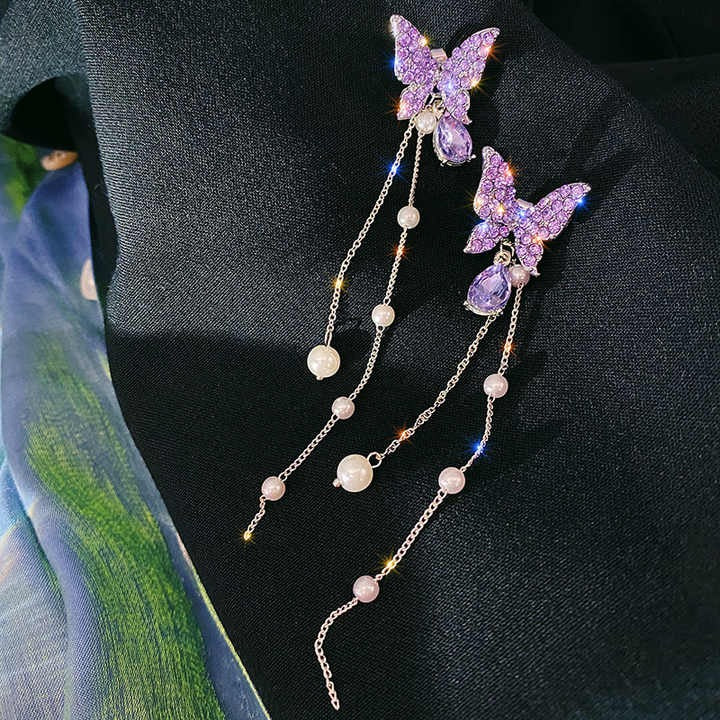 Purple butterfly earrings with pearl chain drops and lavender crystal accents - Zunari Charm