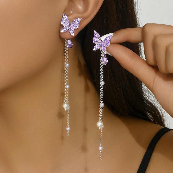 Purple butterfly earrings with pearl chain drops and lavender crystal accents - Zunari Charm