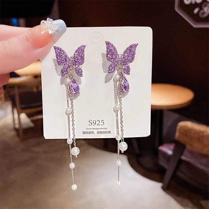 Purple butterfly earrings with pearl chain drops and lavender crystal accents - Zunari Charm