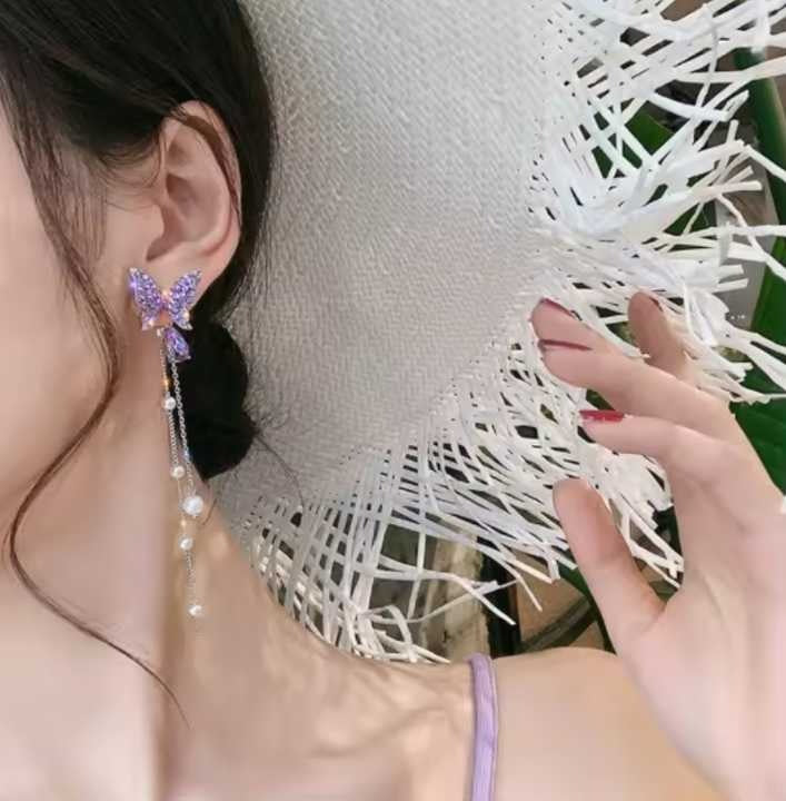 Purple butterfly earrings with pearl chain drops and lavender crystal accents - Zunari Charm