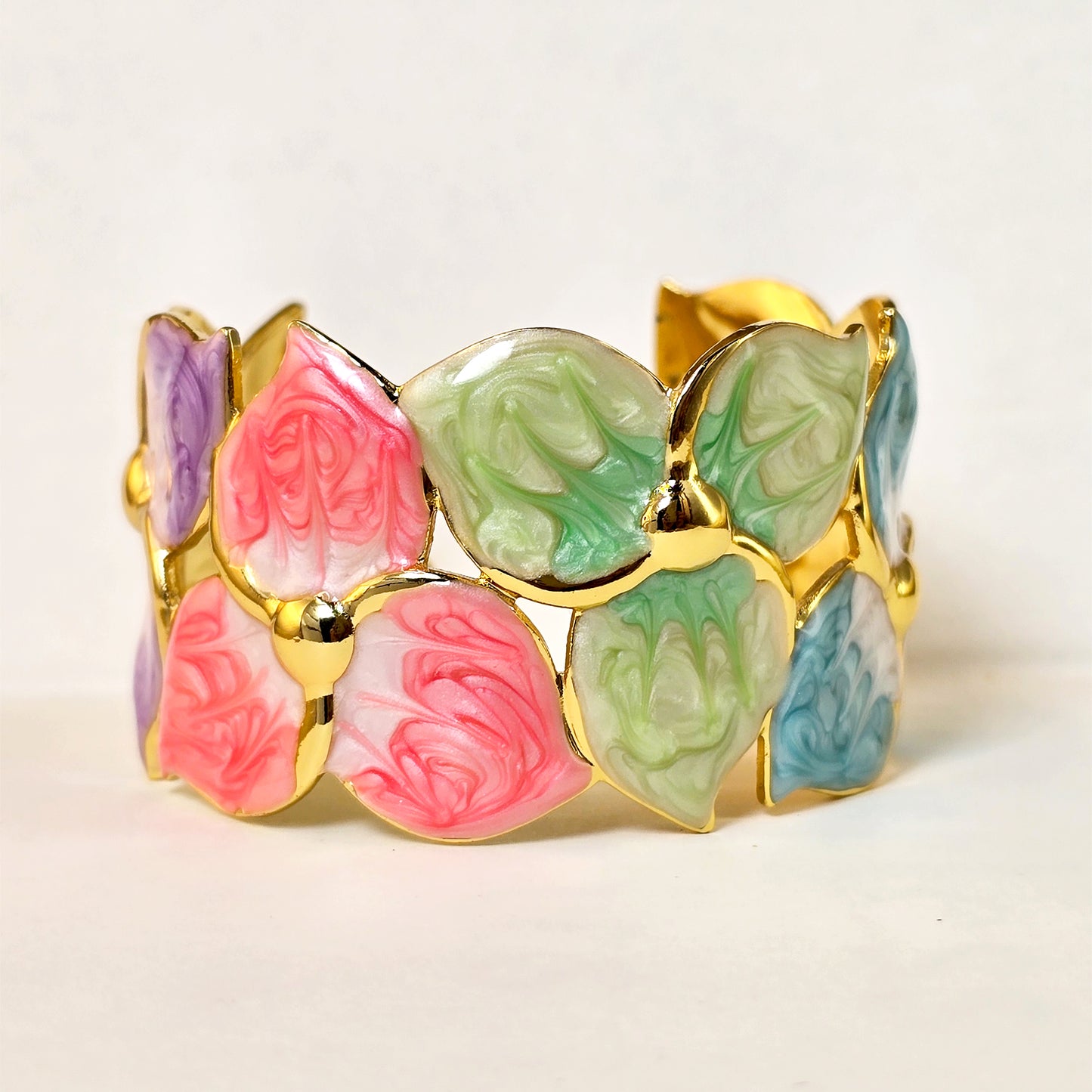 Rainbow Petal cuff bracelet multicolor pastel gold bracelet for women