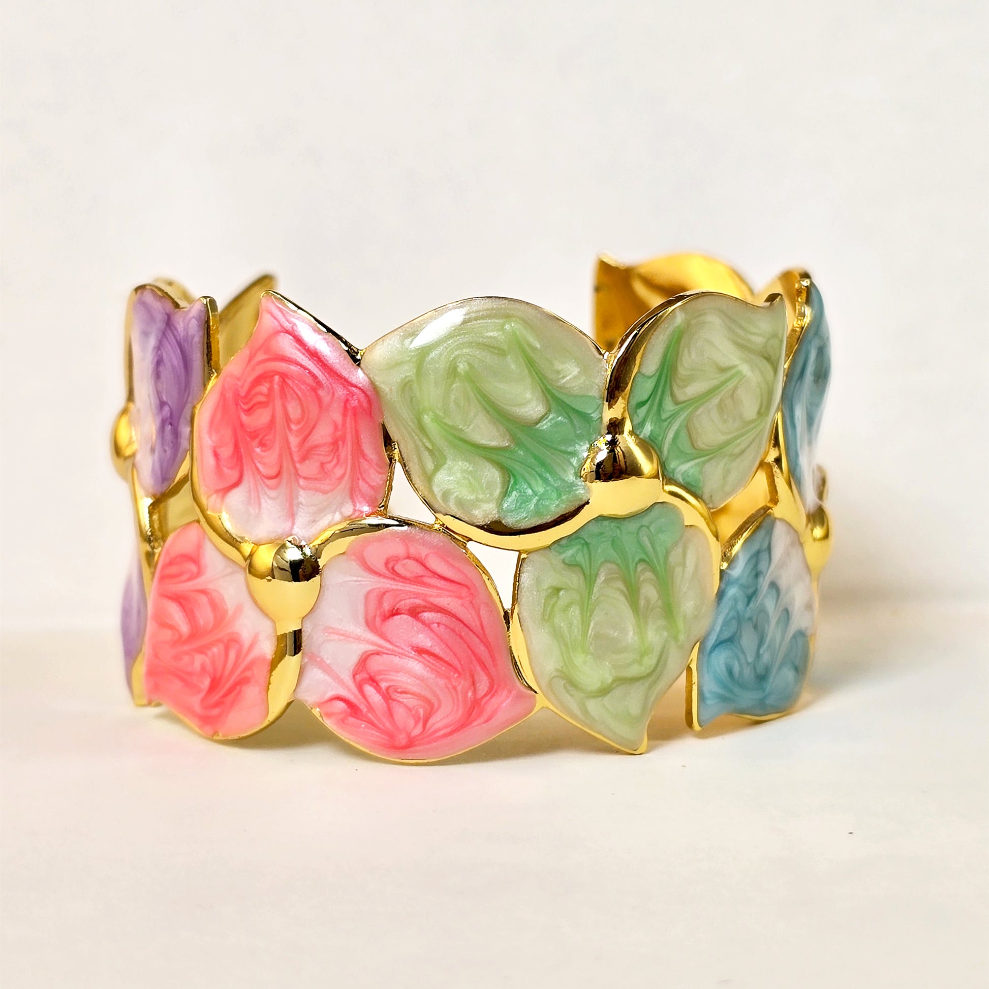 Rainbow Petal cuff bracelet multicolor pastel gold bracelet for women