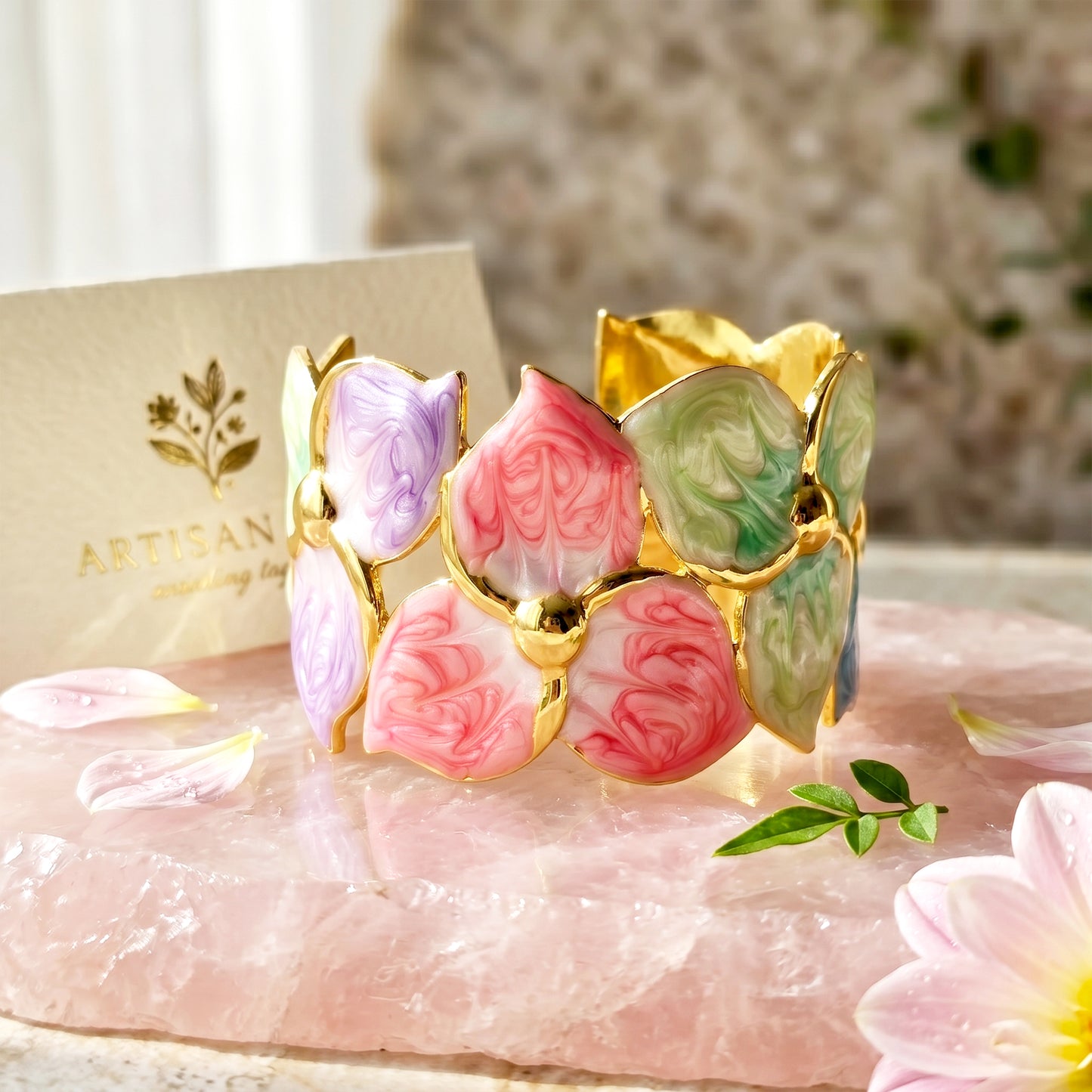 Rainbow Petal bracelet statement multicolor cuff close view
