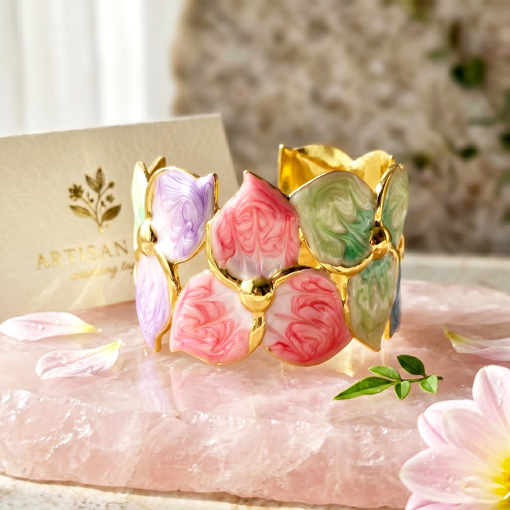 Rainbow Petal bracelet statement multicolor cuff close view