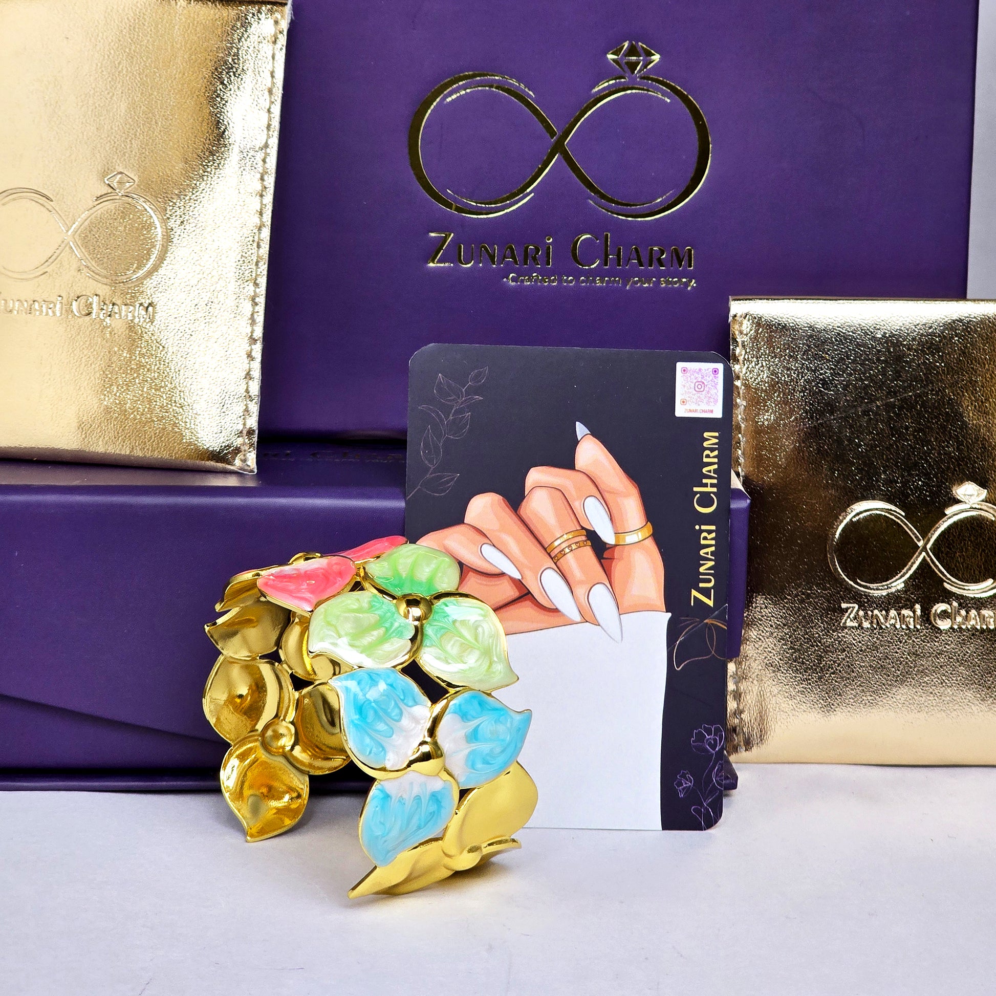 Zunari Charm Rainbow Petal bracelet packaging display