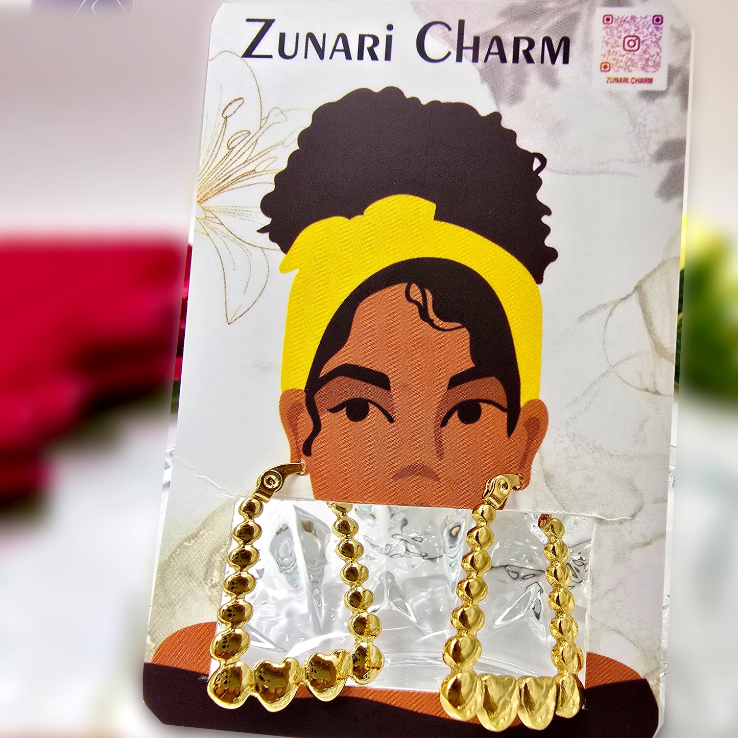 Rectangle Heart Hoop Earrings – displayed on Zunari Charm packaging card