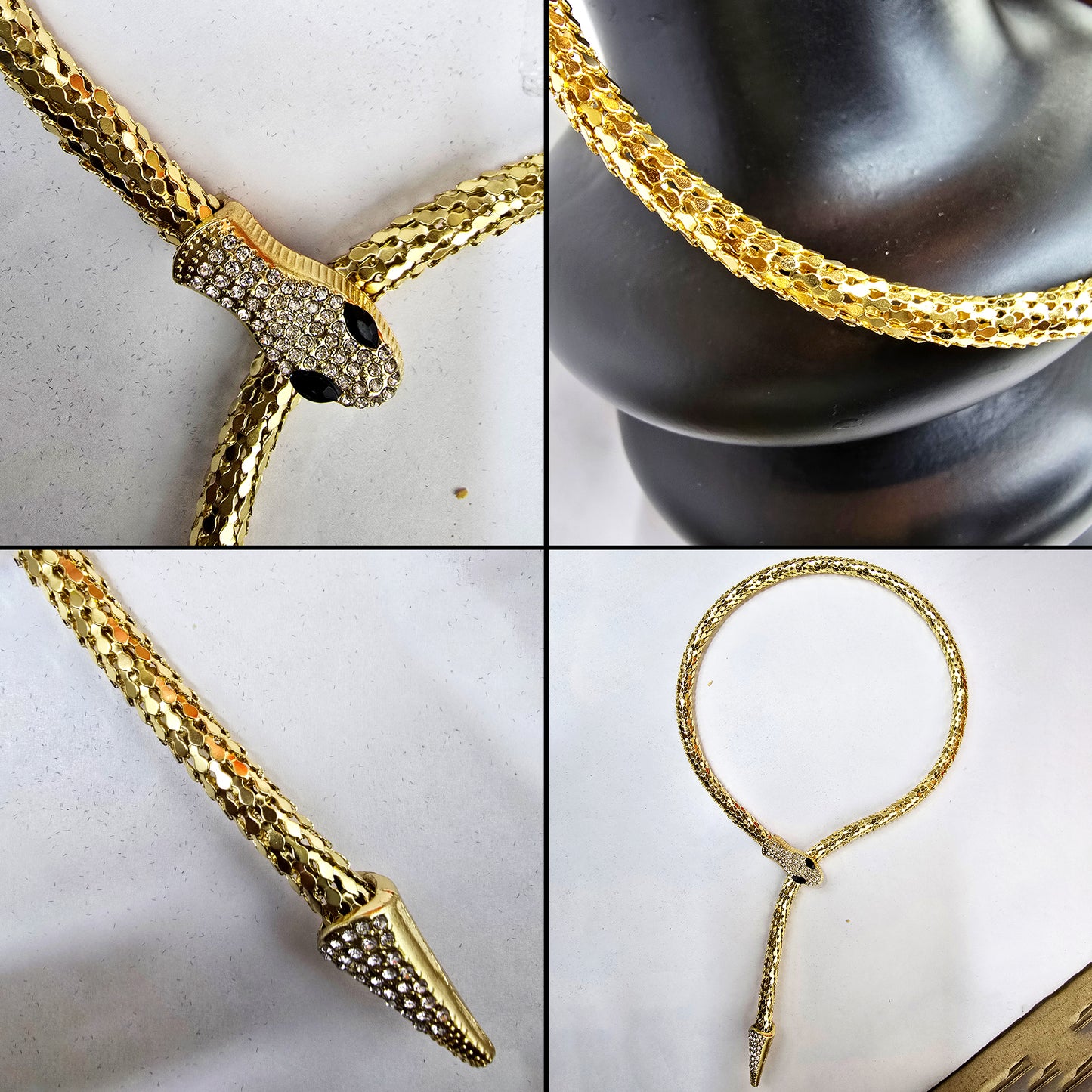 Close-up collage of serpent head & tail details with crystals