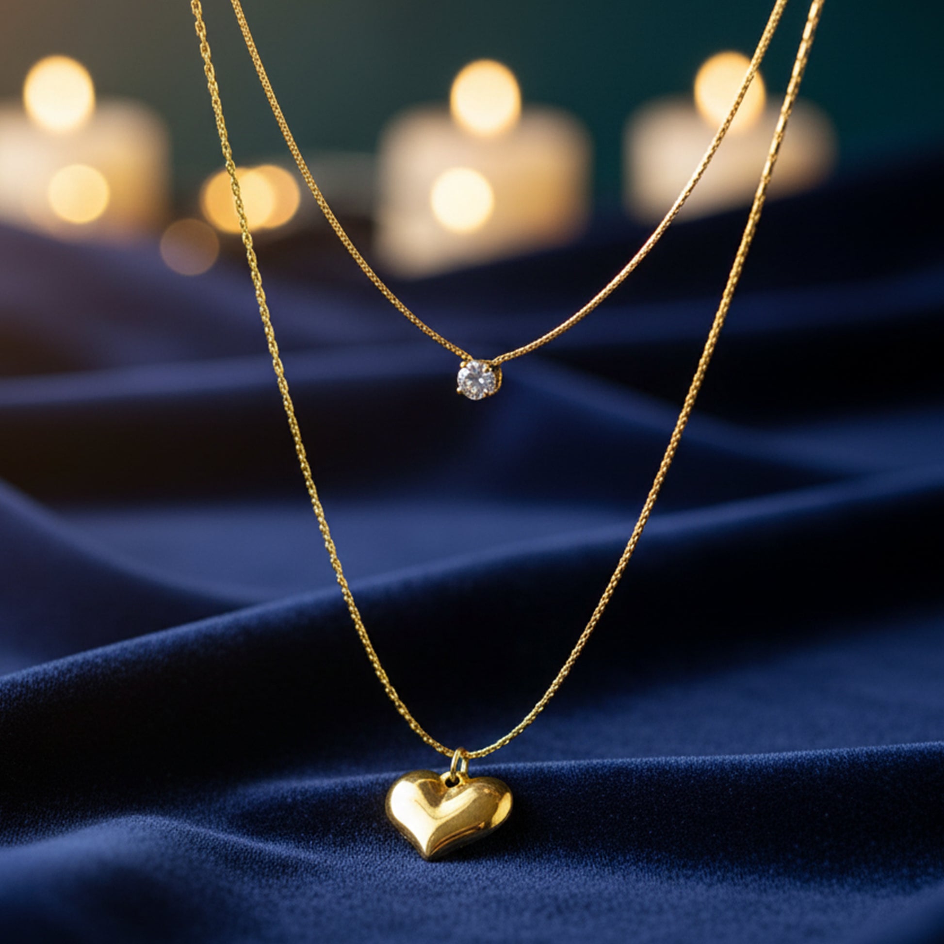 Shine in Love Necklace on navy fabric with glowing candlelight aesthetic.