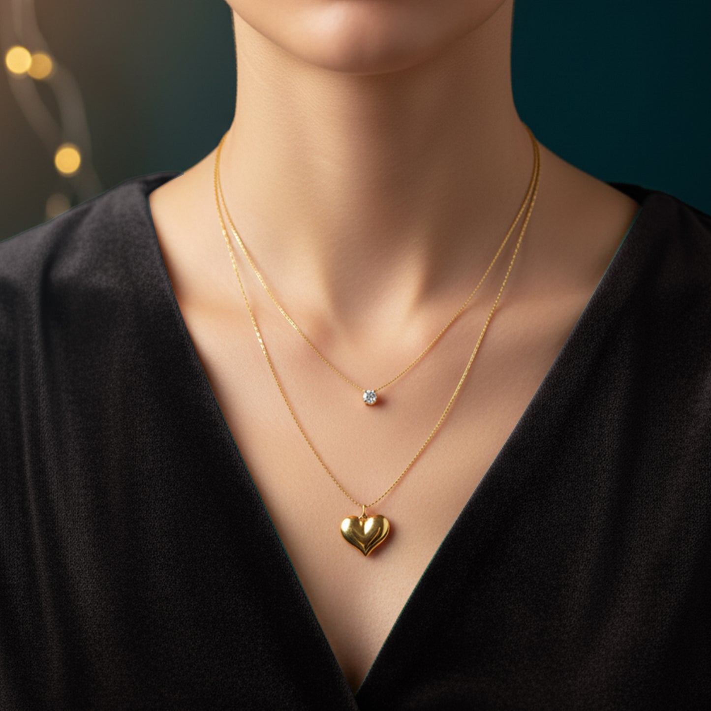 Model wearing Shine in Love Pendant Chain – layered gold necklace with heart and crystal charms.