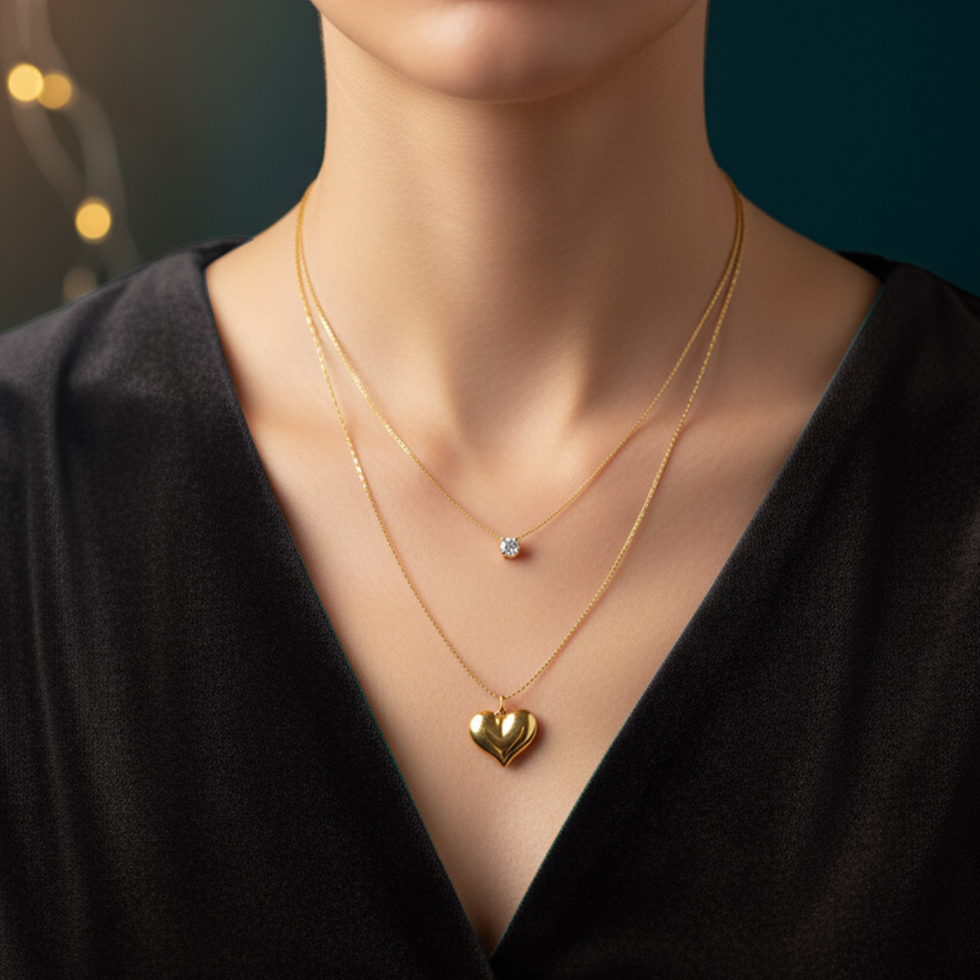 Model wearing Shine in Love Pendant Chain – layered gold necklace with heart and crystal charms.