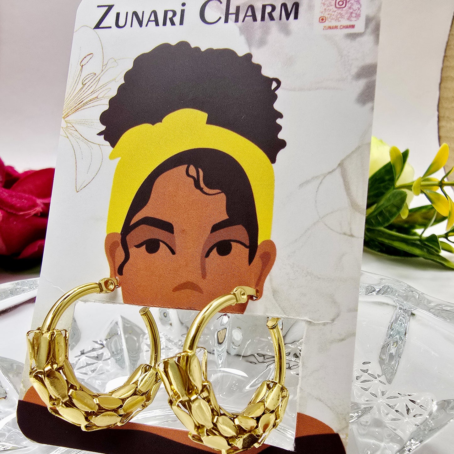 Snake Scale Earrings – close-up on Zunari Charm packaging card