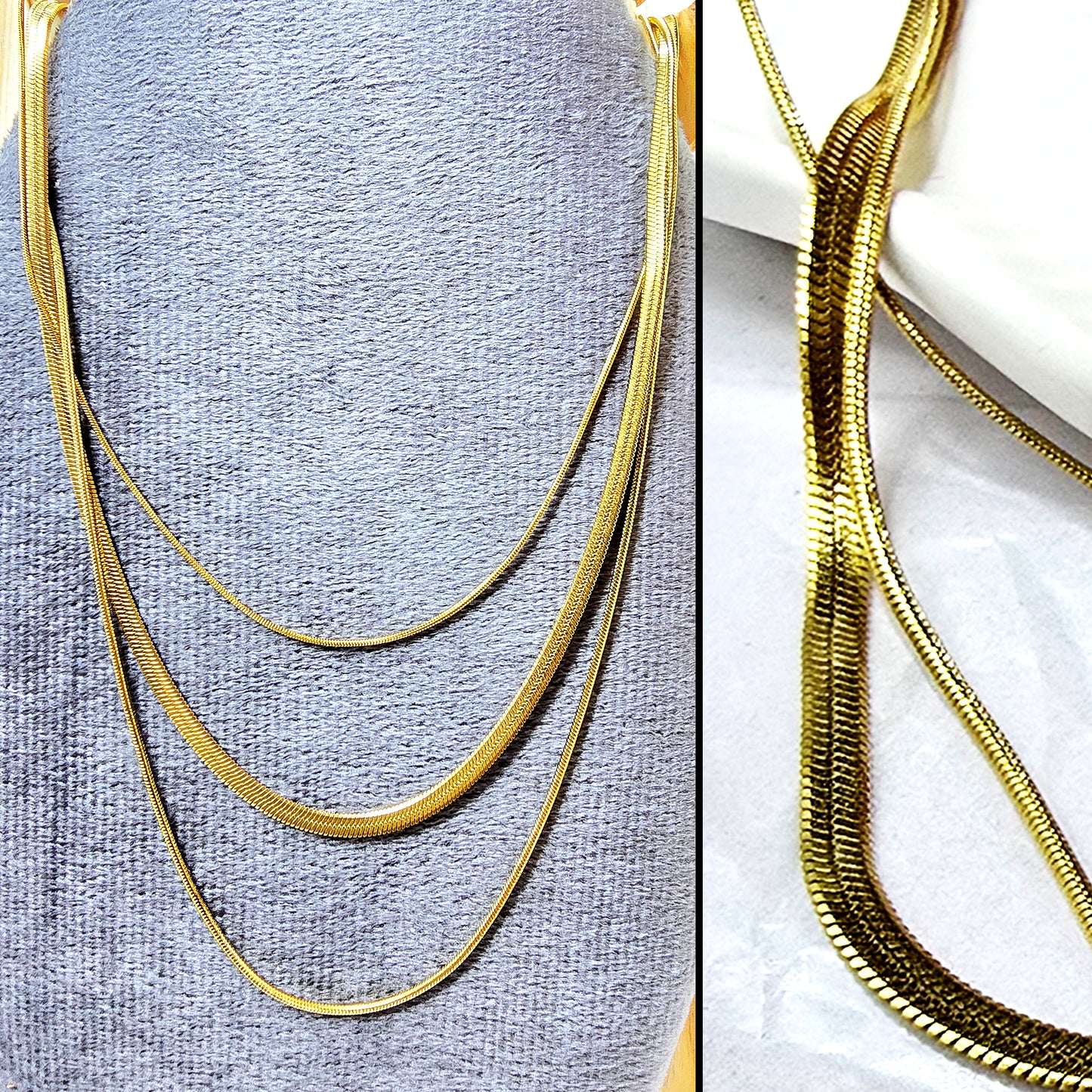 Close-up of Trinity Layers Necklace texture and shine – anti-tarnish gold chain.