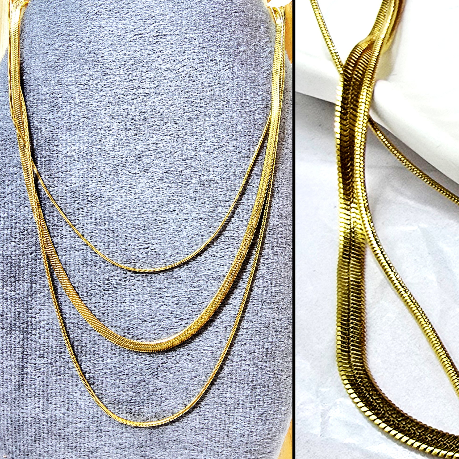 Close-up of Trinity Layers Necklace texture and shine – anti-tarnish gold chain.