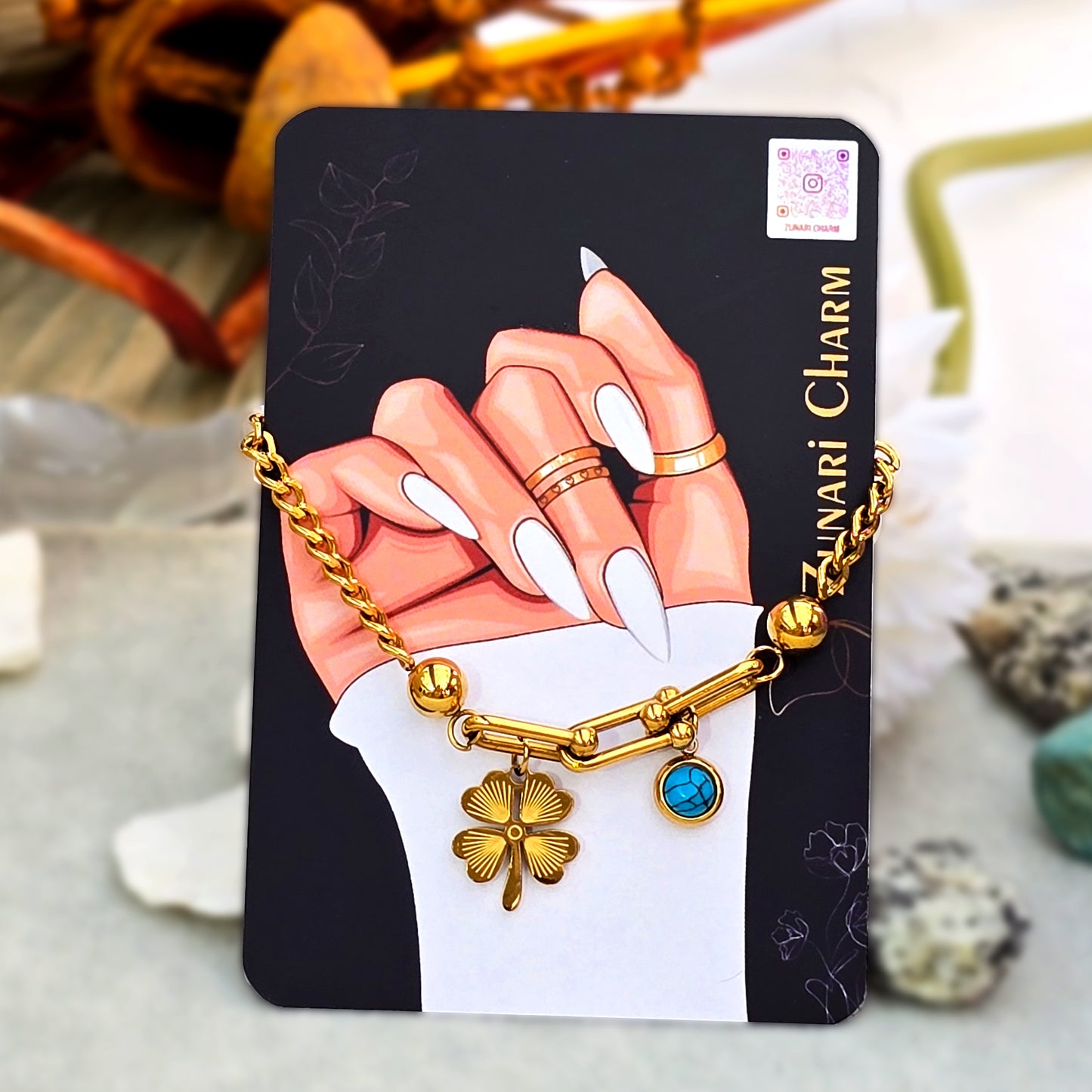 The U-Link Lucky Charm Bracelet displayed on official Zunari Charm branding packaging.