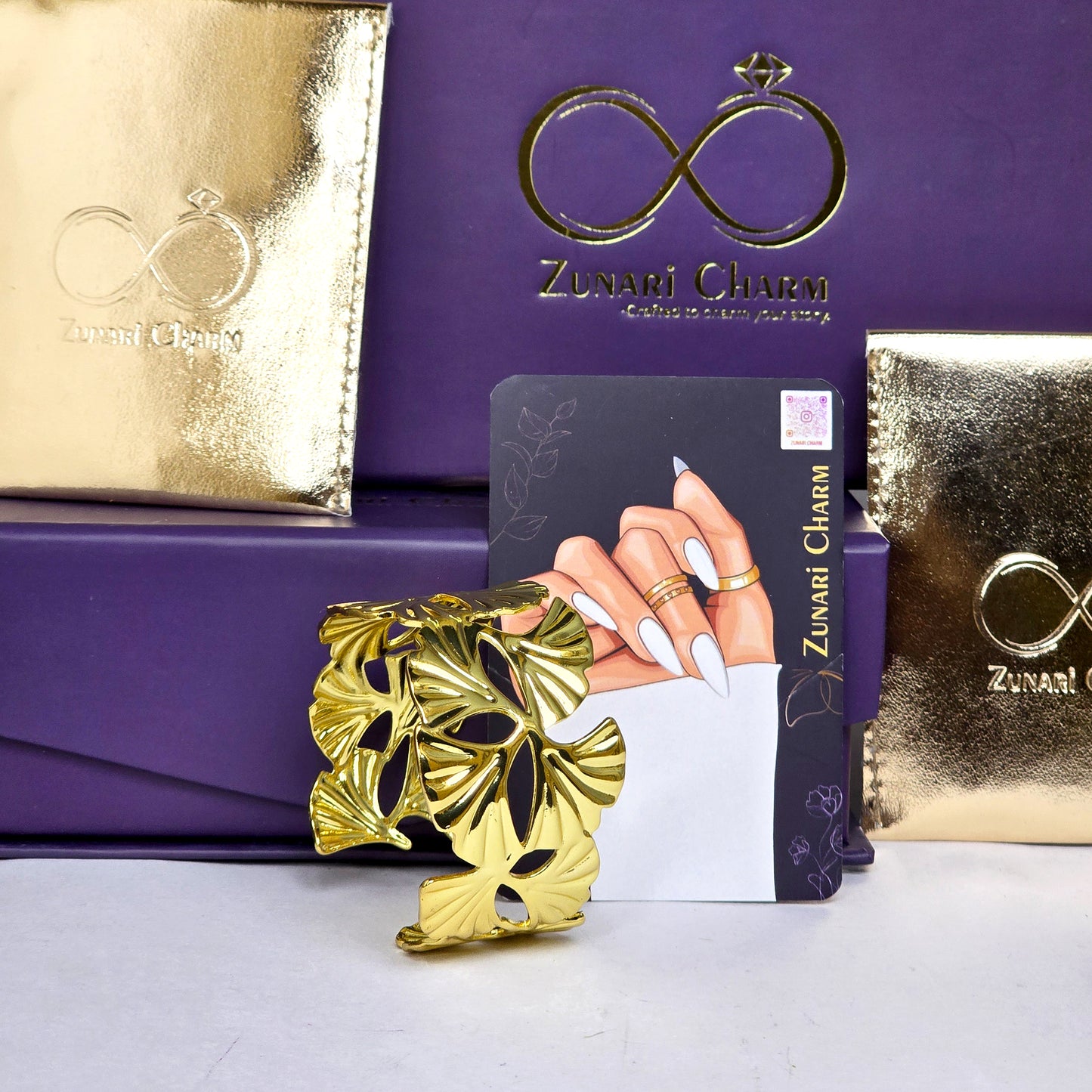 Zunari Charm Venus cuff bracelet premium packaging display